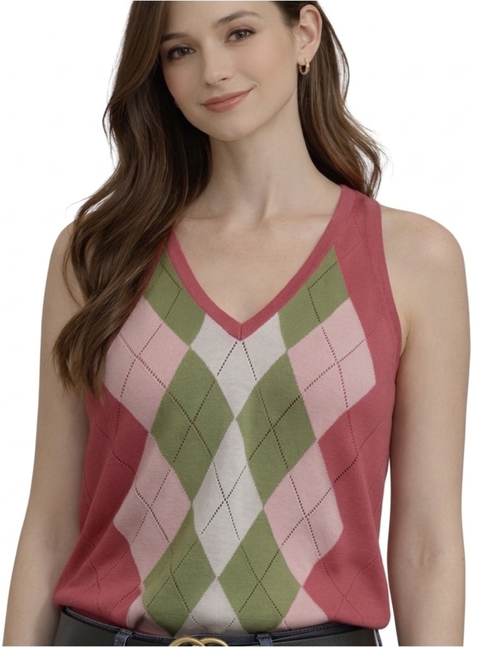 NWT Pink Green Argyle Cotton Sweater Vest